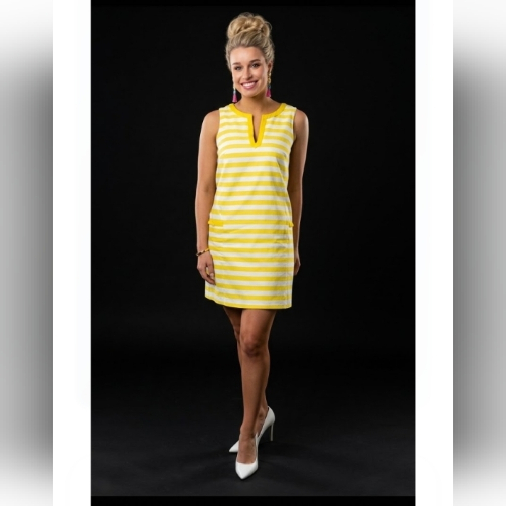 Badgley Mischka Yellow and White Striped Sleeveless Shift Dress